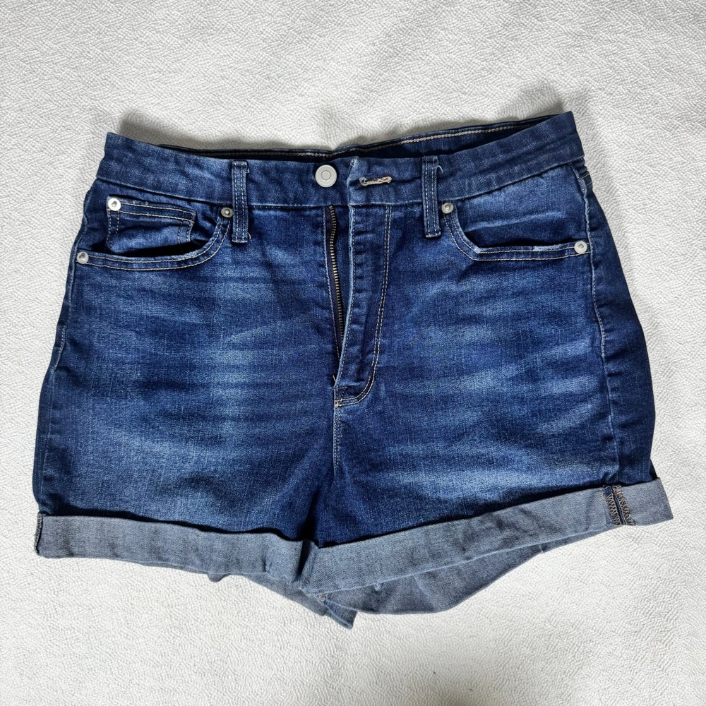 No Boundaries Womens High Rise Cuffed Denim Shorts Dark Wash Blue Size 13